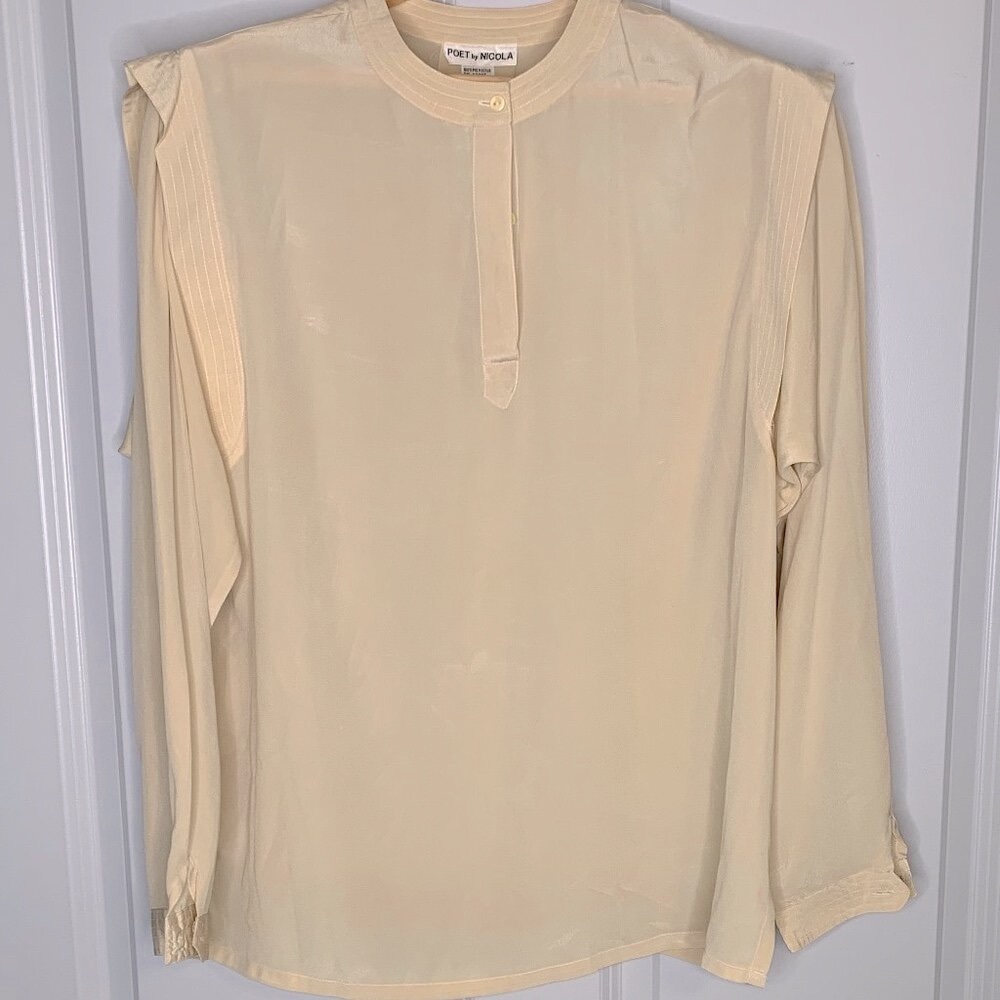 Poet by Nicola Vintage Long Sleeve Half Button Front Ivory Blouse in Size 14